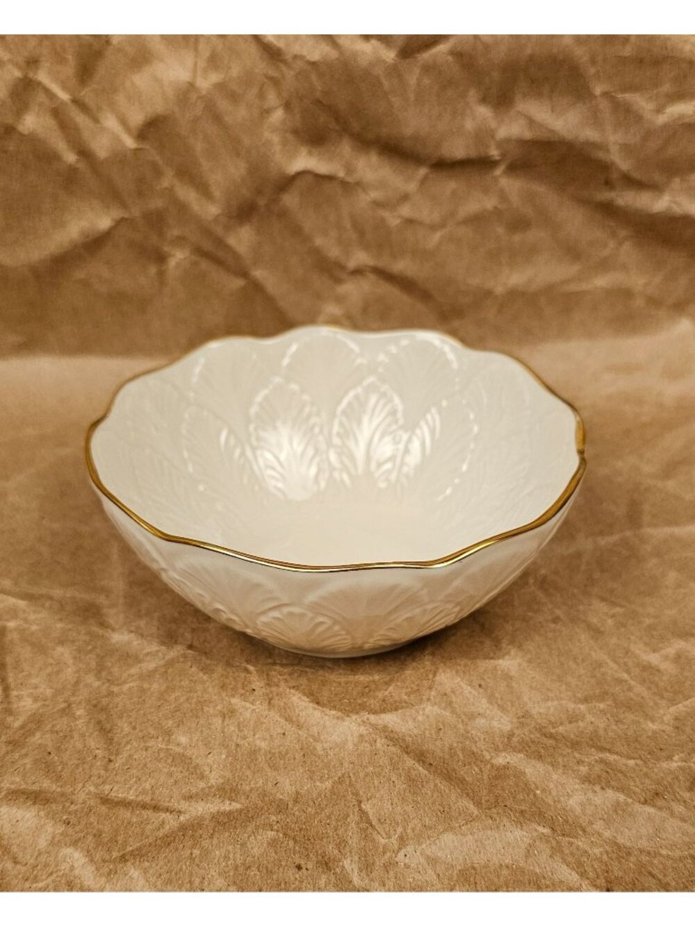 Lenox Ivory Porcelain Embossed Bowl With Gold Trim Made In USA 5" Diameter